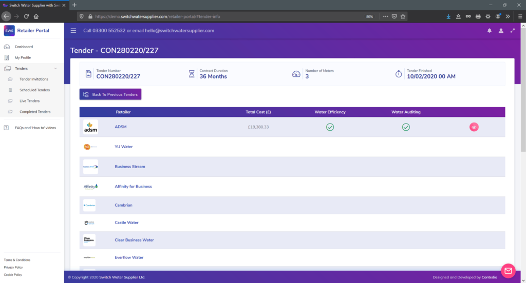SwitchWaterSupplier.com Retailer Portal Completed Tenders