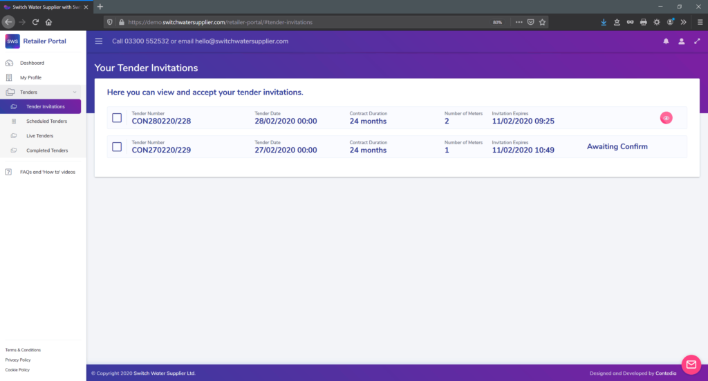 SwitchWaterSupplier.com Retailer Portal Tender Invitations